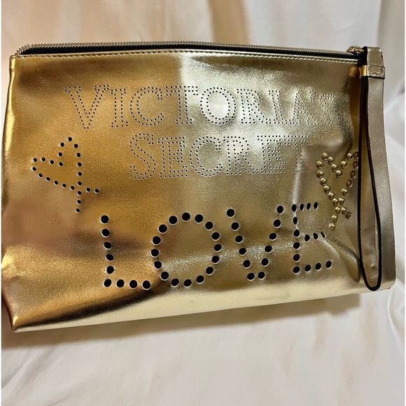 Victoria’s Secret LOVE Perforated Beauty Cosmetics Makeup Bag Gold Hearts - Picture 1 of 5